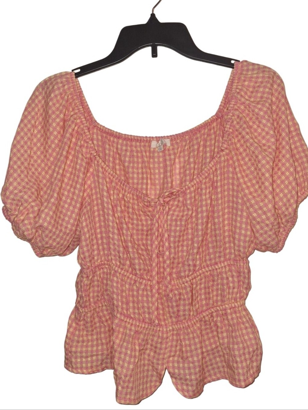 Easel Woven Pink Butter Yellow Check Picnic Peasant Top Size Large